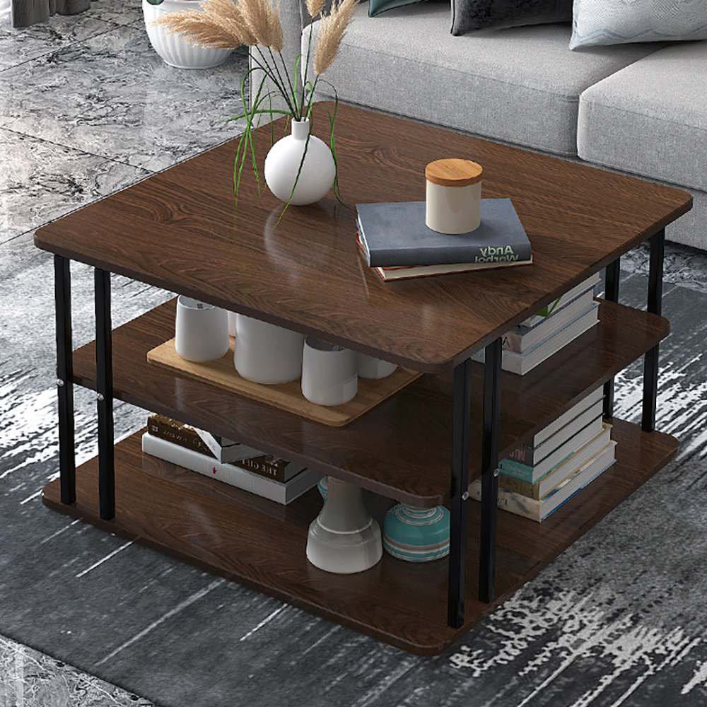 

Walnut Coffee Table with Shelf 3-Tiered Wooden Top & Metal Frame