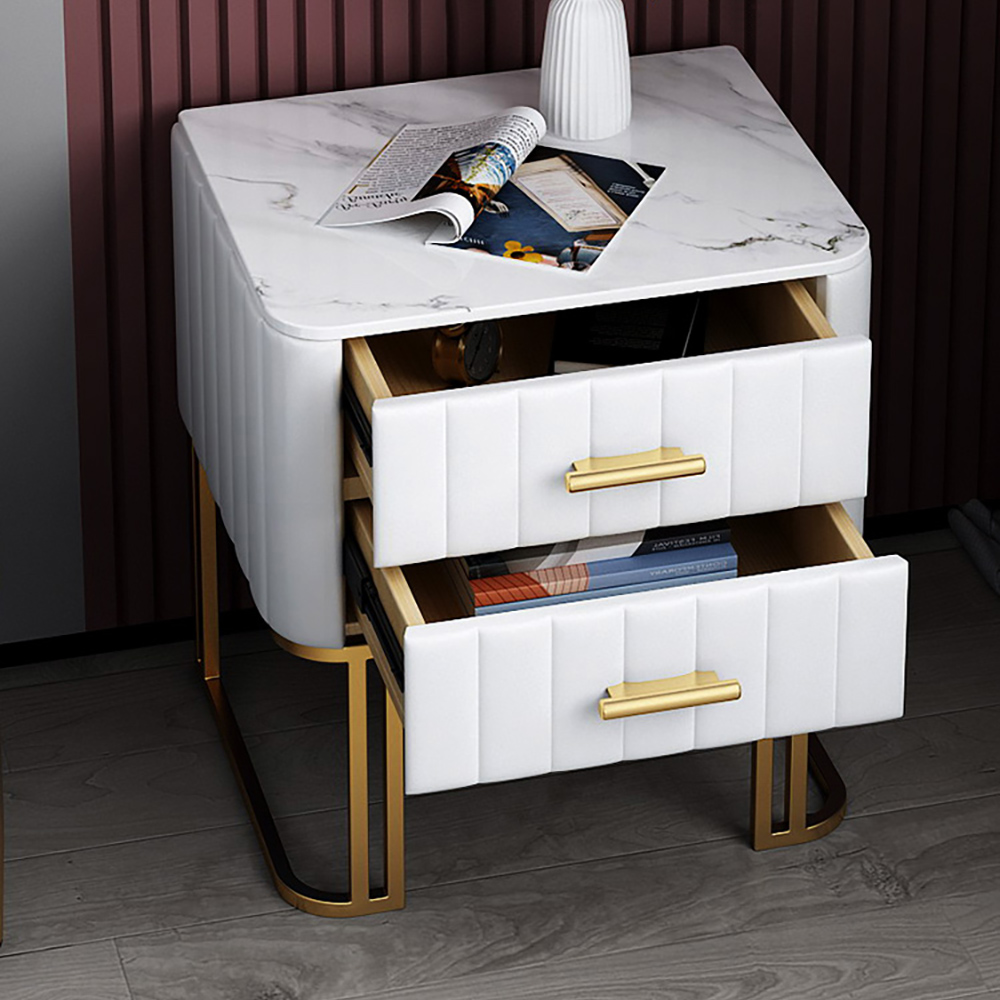 White Modern Small 2 Drawers Nightstand with Faux Marble Top and Gold Base