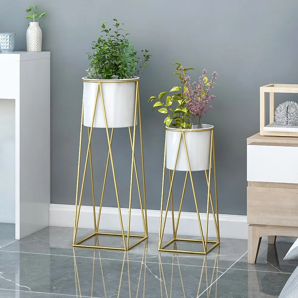 White Plant Pots Modern Planter With Gold Stand For Indoor&outdoor Set Of 2