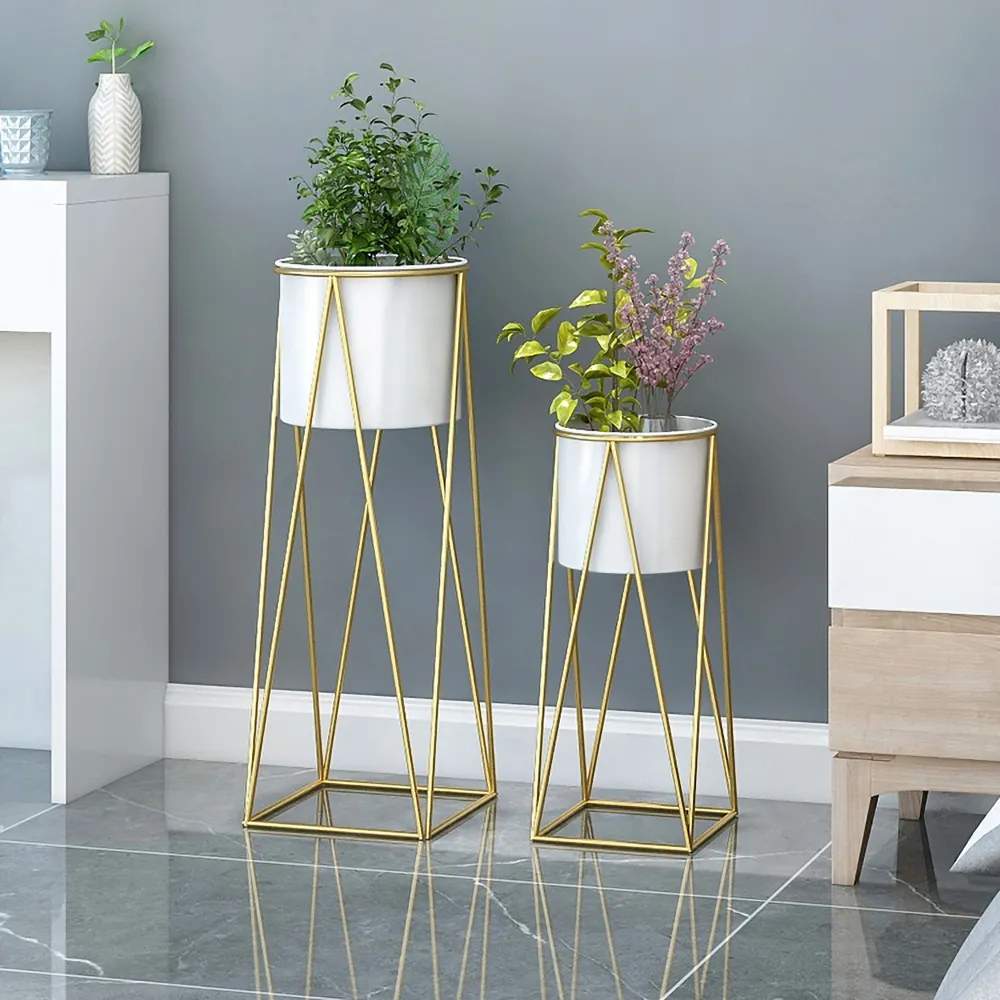 

White Plant Pots Modern Planter with Gold Stand for Indoor&Outdoor Set of 2