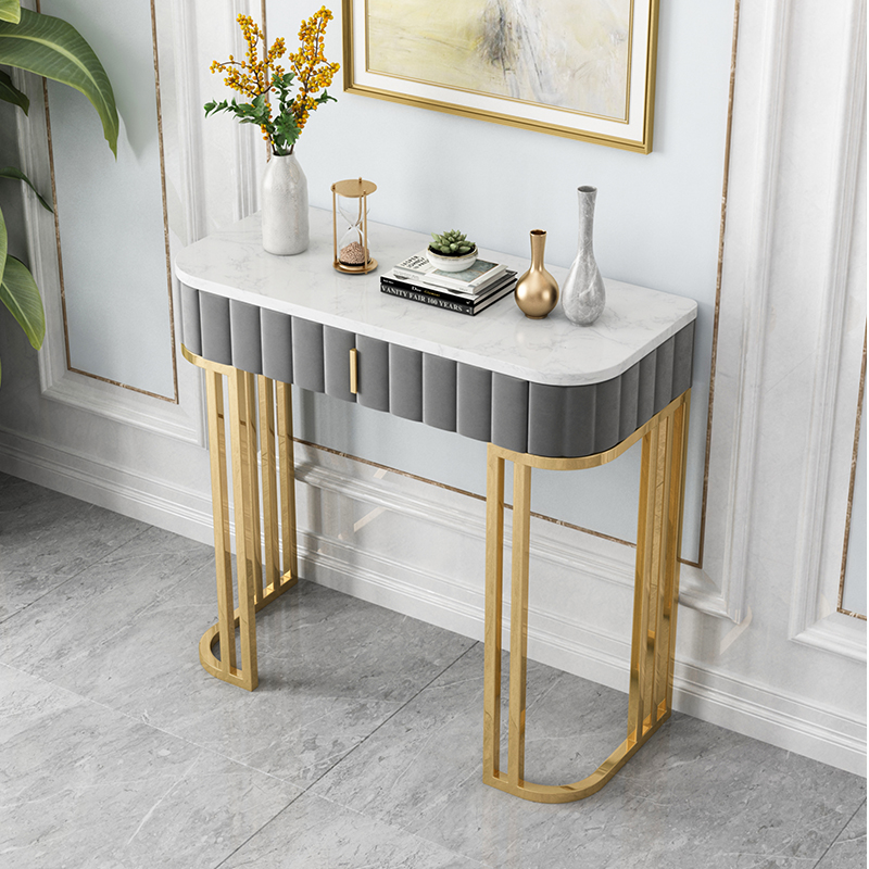 Gray Modern Console Table With Drawers Marble Top & Metal Frame