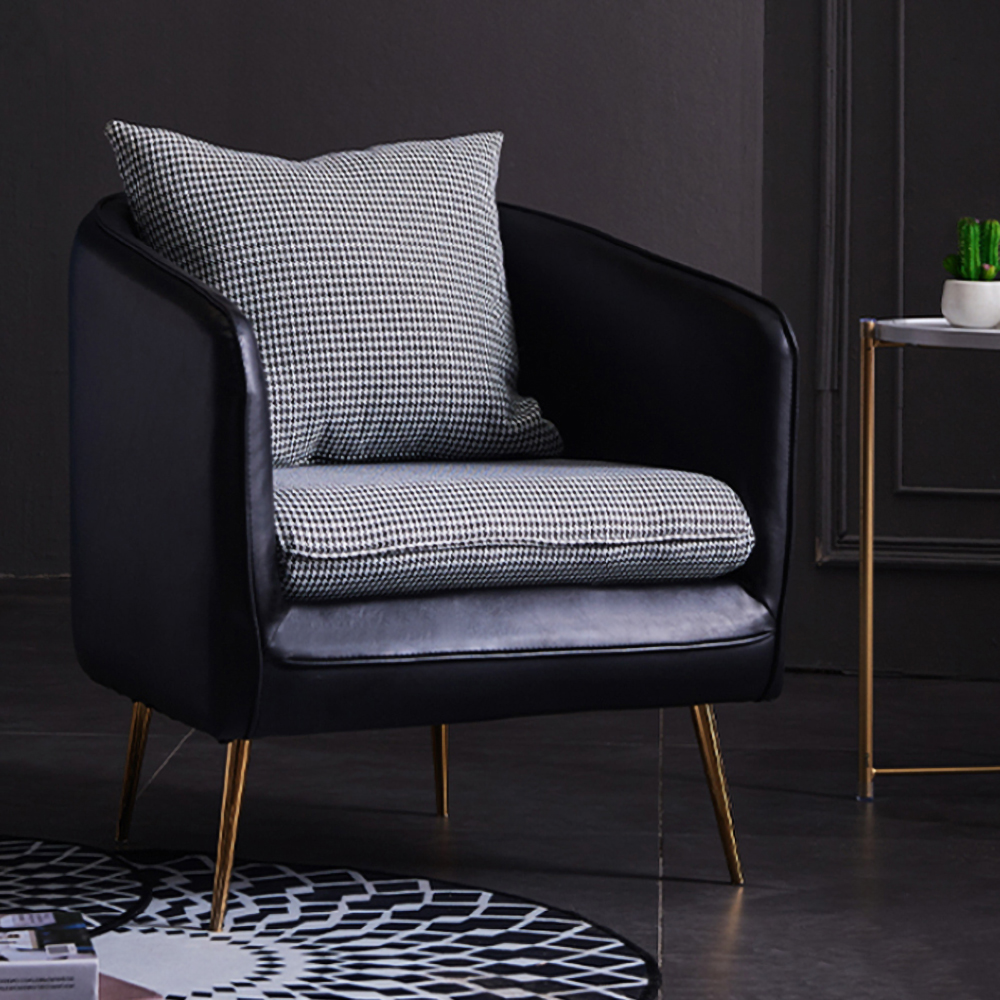 

Black Barrel Accent Chair Upholstered PU Leather&Linen Houndstooth Chair Pillow Included