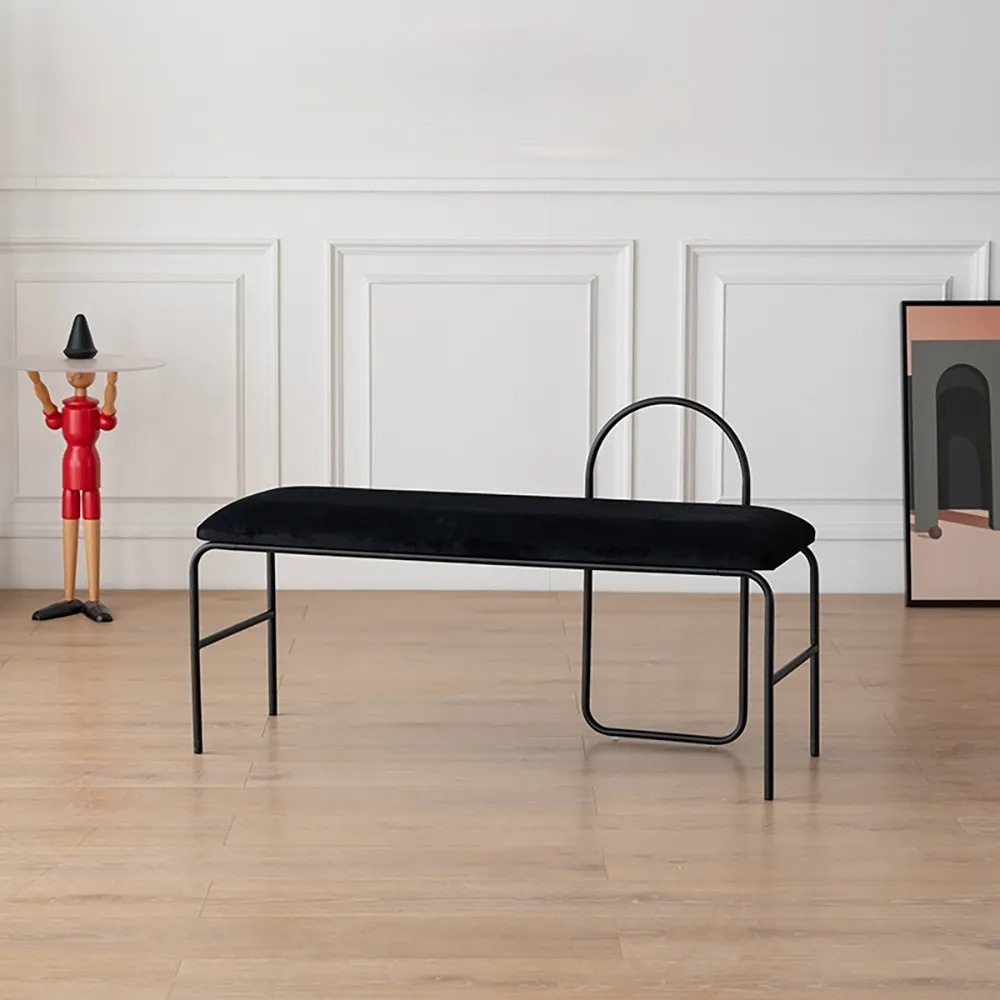 

Velvet Upholstered Bench with Back Minimalist Bed End Metal Entryway Bench in Black