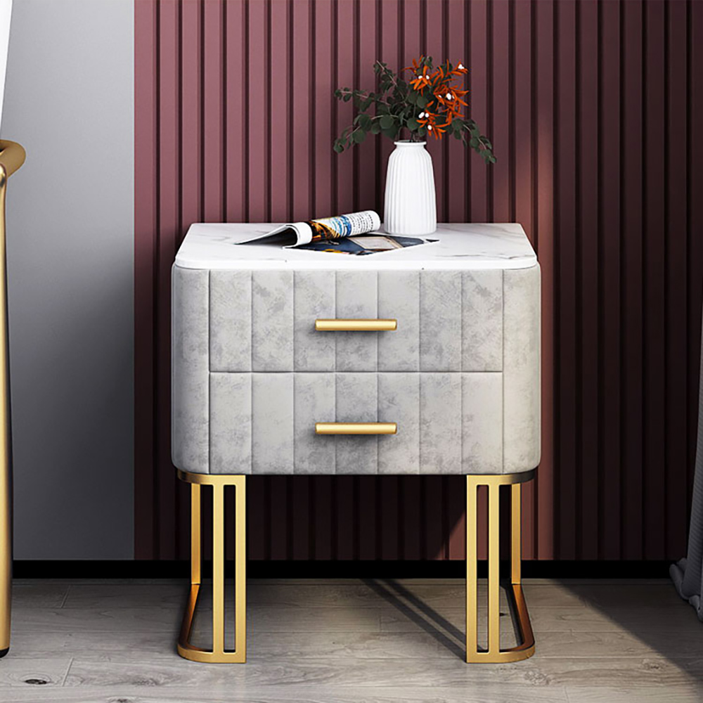 Modern gray narrow 2 drawers nightstand with  faux marble top and gold base