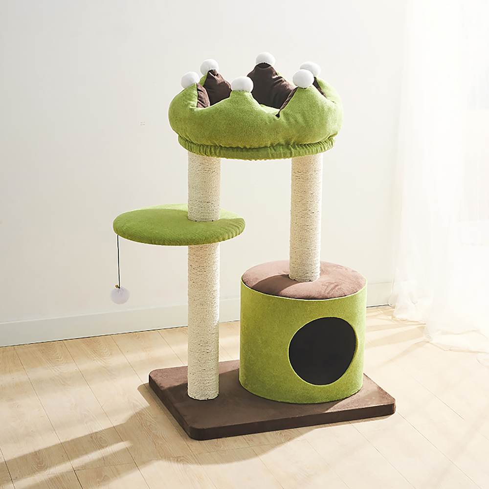 35.4" Crown Cat Tree With Cat Bed And Perch In Green Scratch Post & Teasing Toy