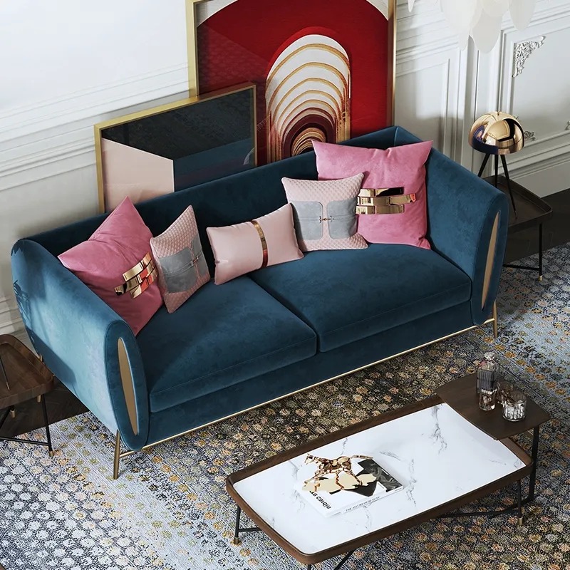 Blue Velvet Upholstered Sofa 3-Seater Sofa Luxury Sofa Solid Wood Frame with Gold Legs