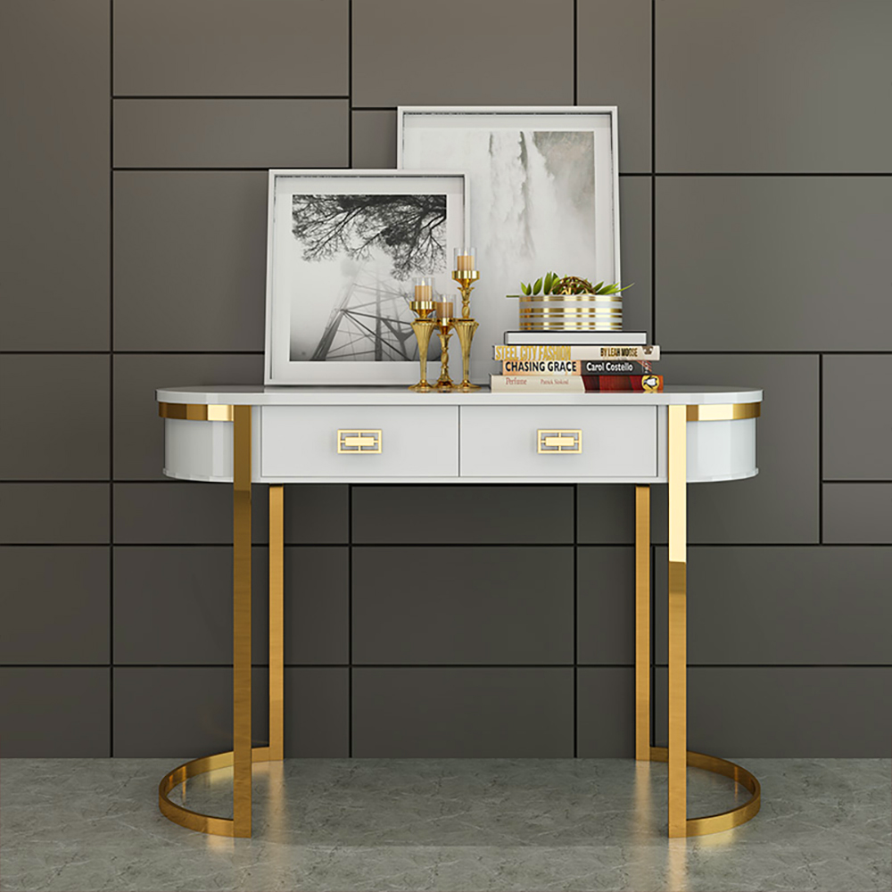 White Modern Console Table with Drawers and Double Stainless Steel Sled