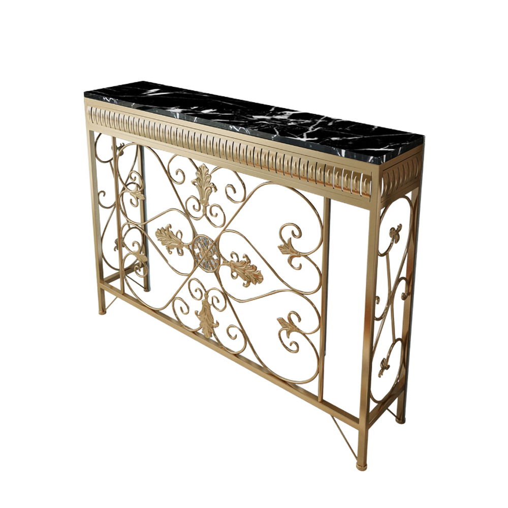 Black Narrow Console Table with Marble Top Hollowed Metal Frame