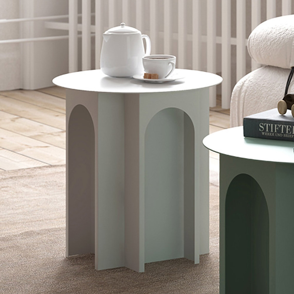 

White Nordic Sculpted Arch End Table with Round Top Bed Side Table in Small