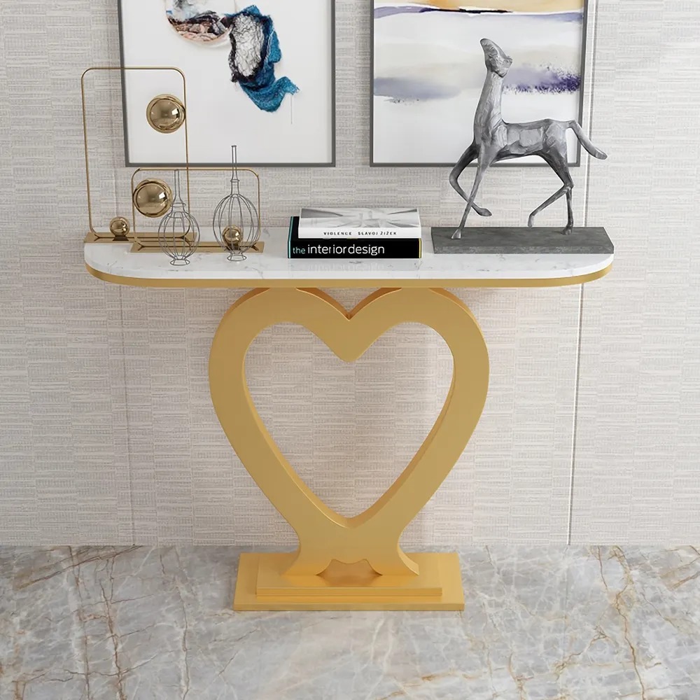 47.2" White Console Table With Marble Top & Metal Heart Base