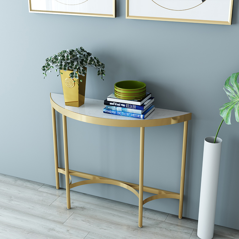 Modern White Semicircle Console Table With Marble Top Metal Base