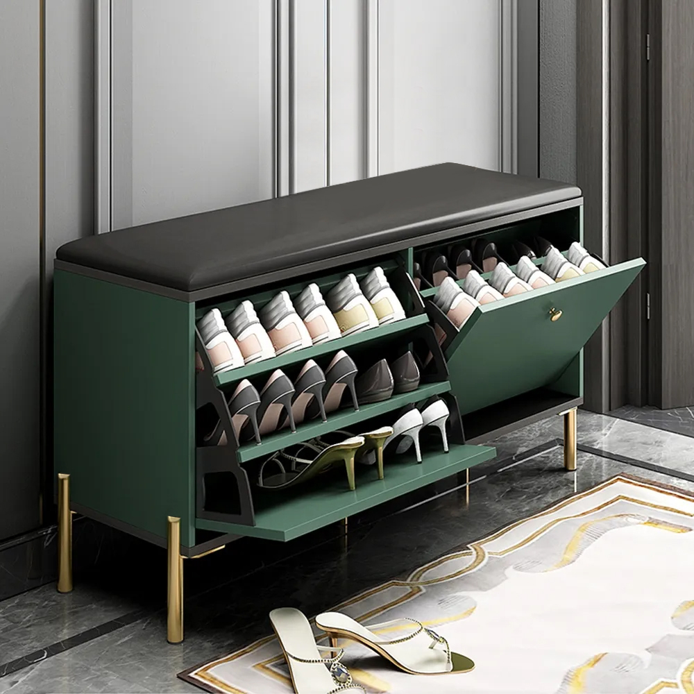 Contemporary Upholstered Shoe Rack PU Leather Bench in GreenHomary