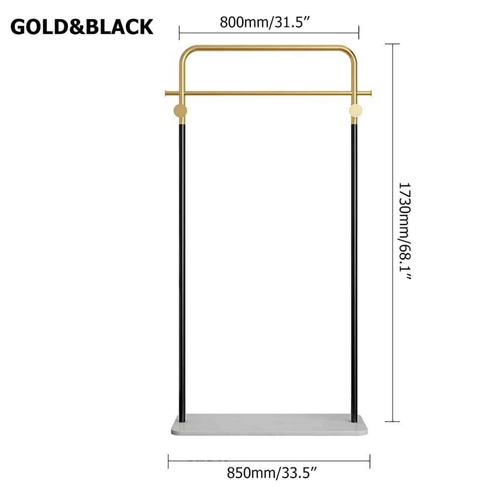 Contemporary Garment Rack Metal Clothing Rack with Hooks & Marble Base in Gold & Black