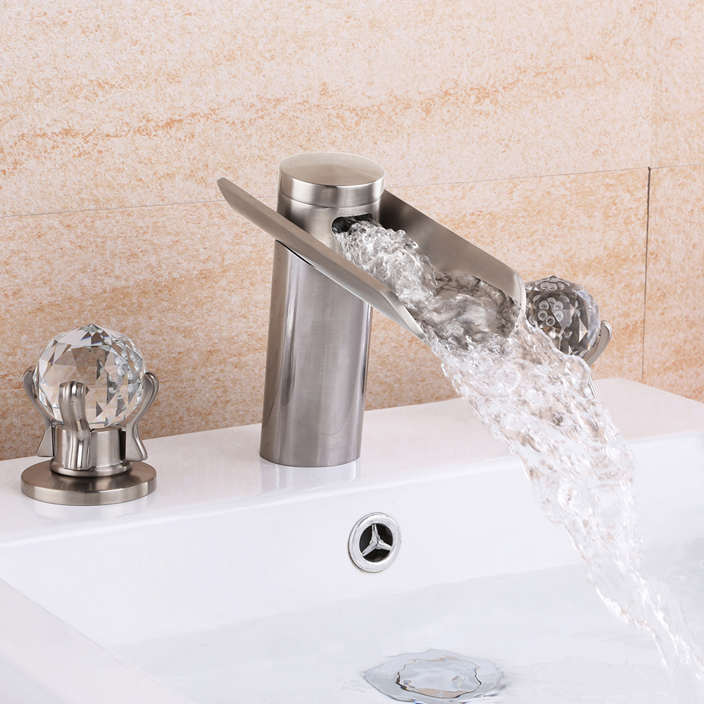 Morga Brushed Nickel Waterfall Bathroom 3 Hole Basin Tap with Crystal Handles