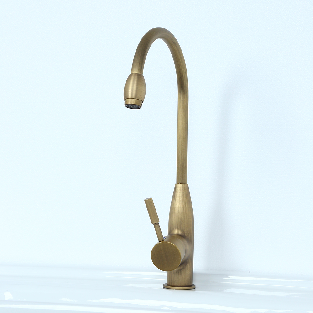 Stev Classic Antique Brass Goosenecked Single Handle 1-Hole Kitchen Faucet Solid Brass