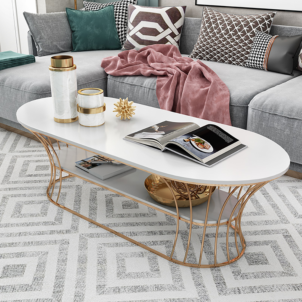 

Modern Marble Coffee Table with Shelf Metal Frame White