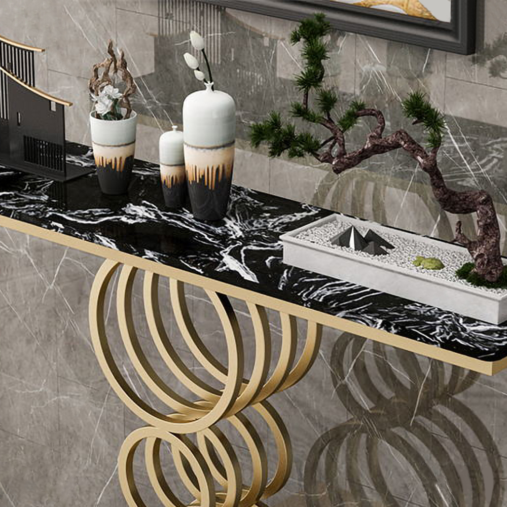 Table console étroite noire Table de couloir avec dessus en marbre avec base en métal