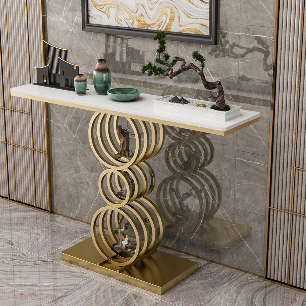 White Narrow Console Table Marble Top Hallway Table with Metal BaseHomary