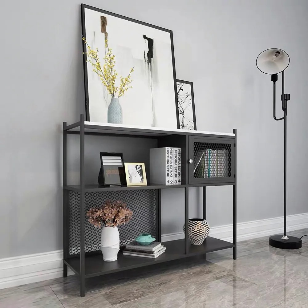 Black Console Table with Storage & Mesh Decor Entryway Table Faux Marble Top and Shelves