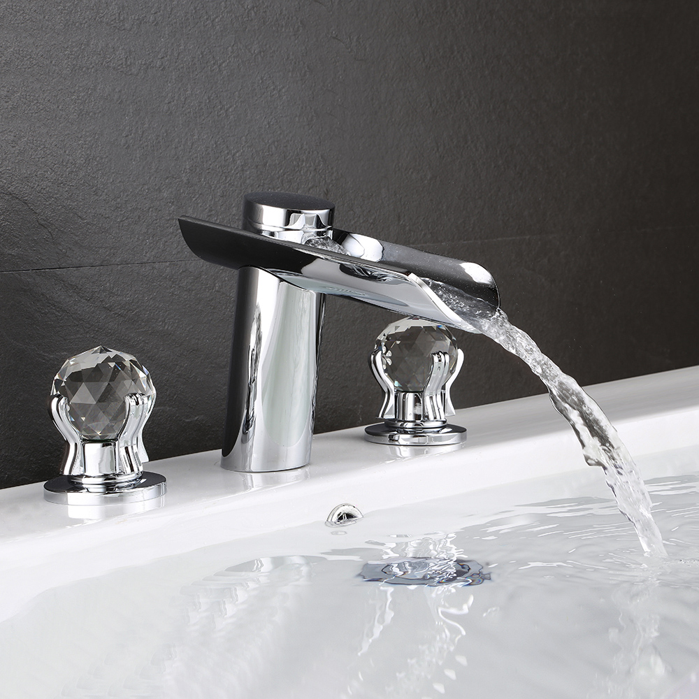 

Morga Chrome Waterfall Bathroom Widespread Sink Faucet with Crystal Handles