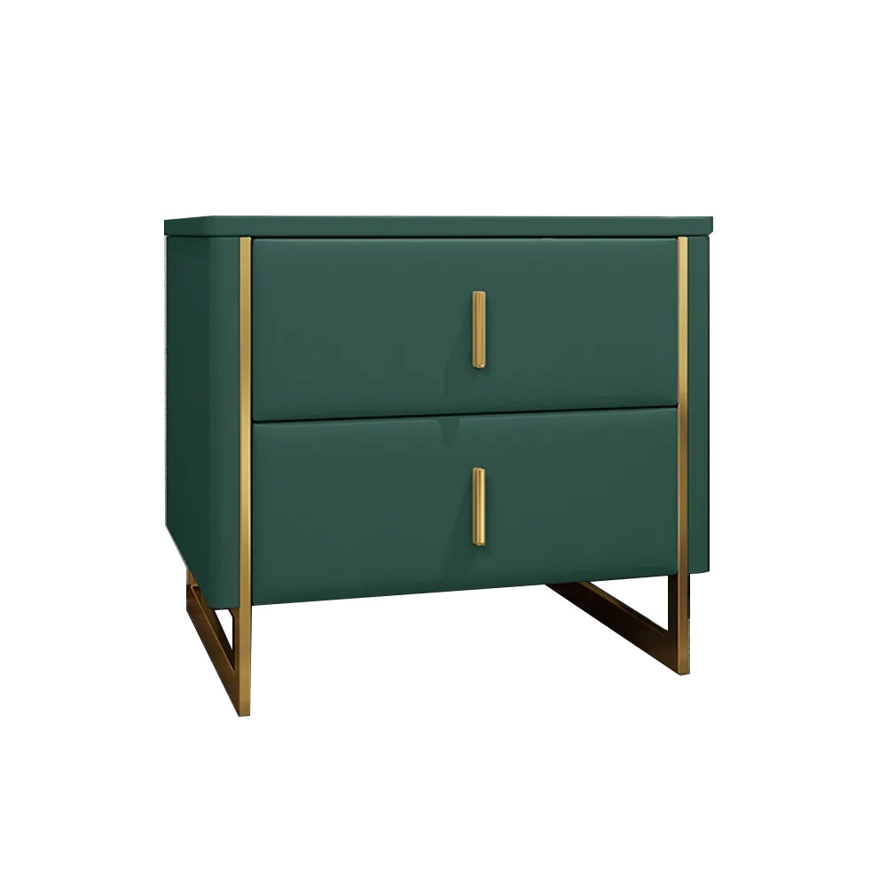 Modern Green Nightstand 2-Drawer Faux Leather Bedside Table in Gold