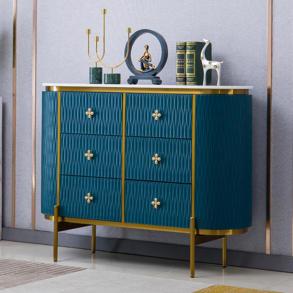 

47" Modern White & Blue Dresser Faux Marble Top Cabinet with 6 Drawers in Gold