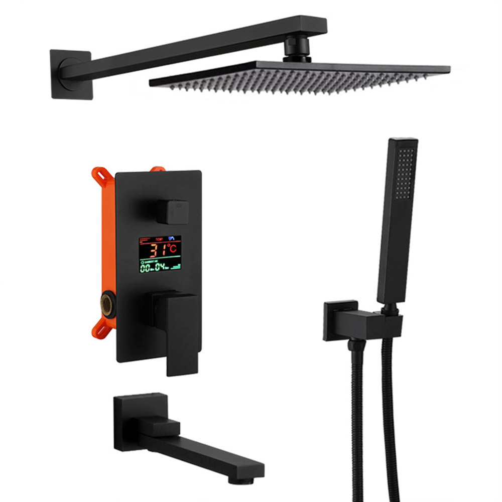 LED Digital Display Matte Black Wall-Mount Rain Shower Set 2-function Shower Mixer Valve