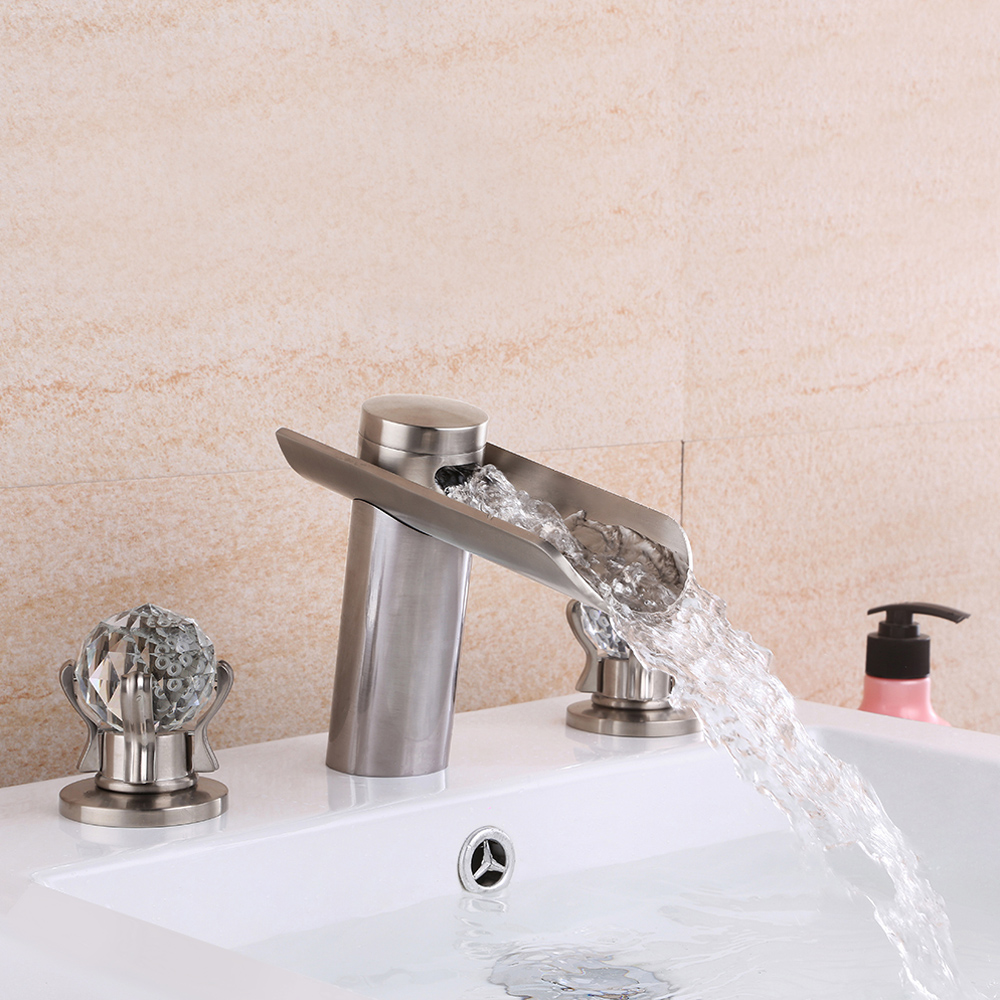 Morga Brushed Nickel Waterfall Bathroom 3 Hole Basin Tap with Crystal Handles