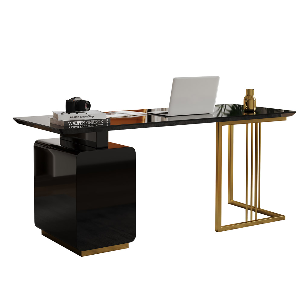 1600mm Modern Black Office Desk with Side Cabinet & Drawer in Gold Base