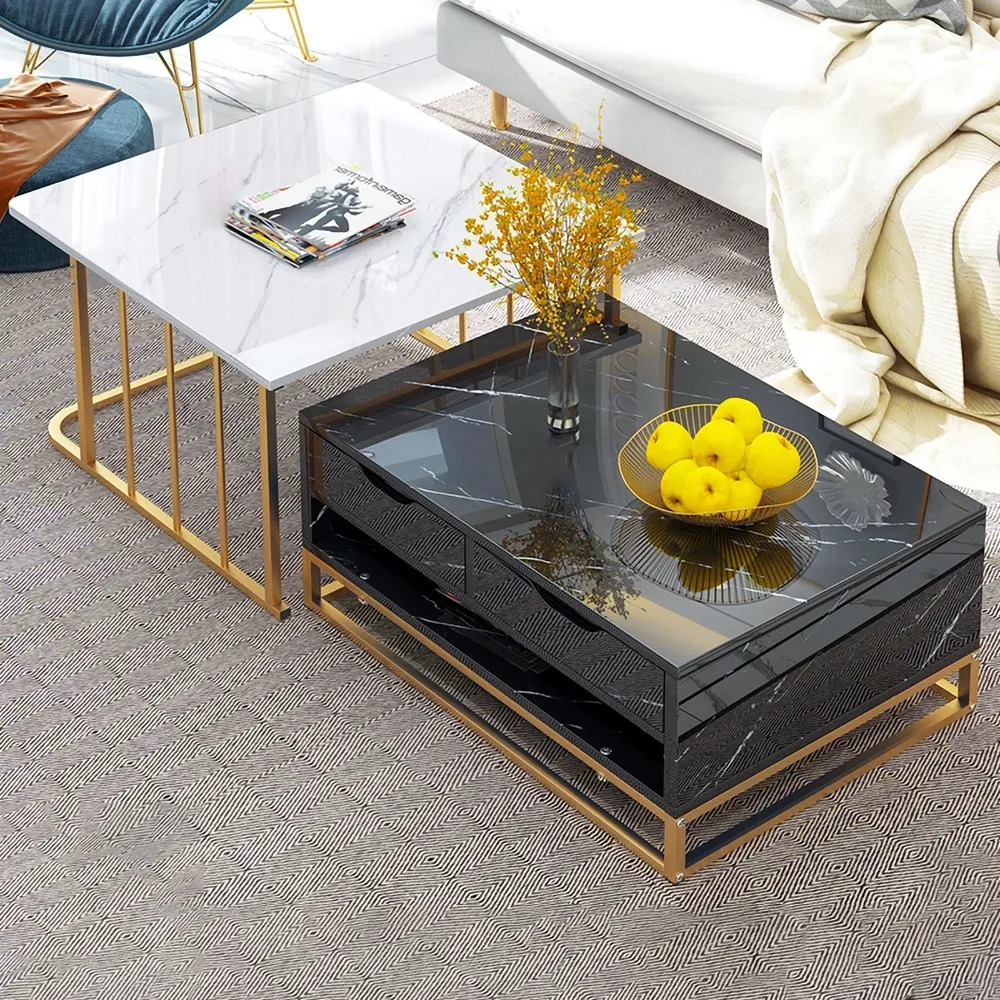 Modern Nesting Coffee Table Set with Drawers & Shelves in Black & White