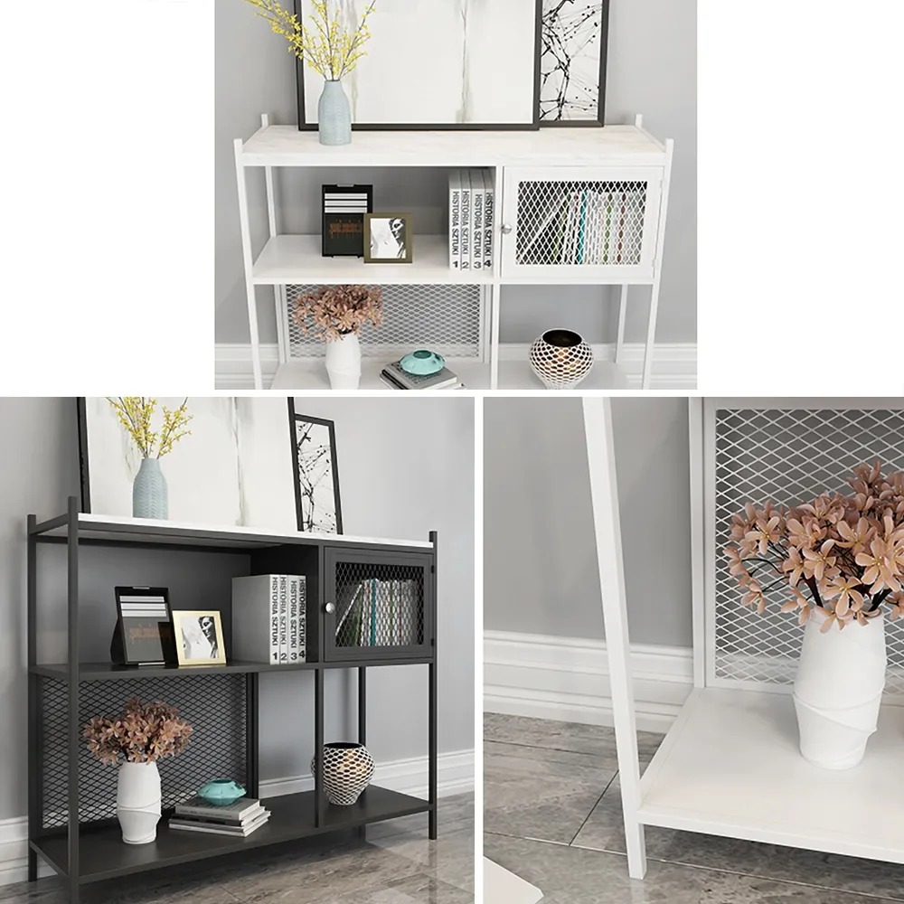 Black Console Table with Storage & Mesh Decor Entryway Table Faux Marble Top and Shelves