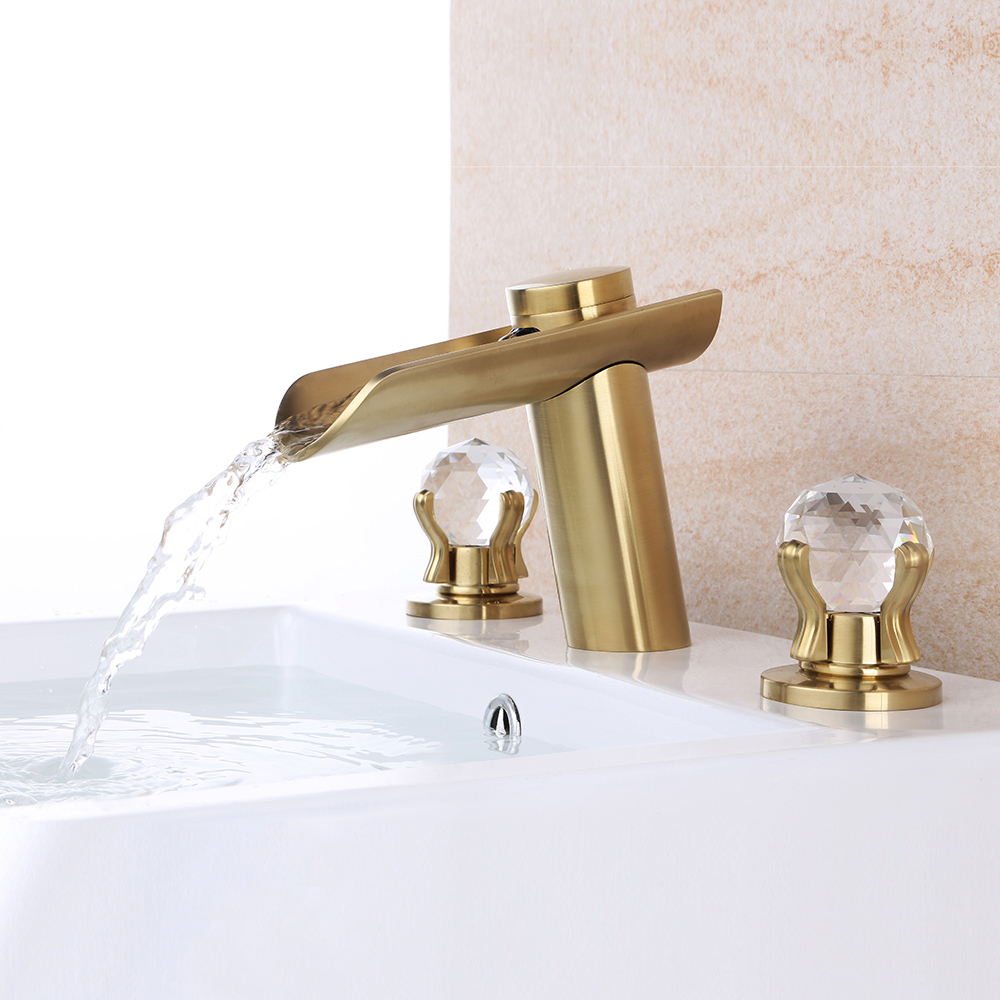 Morga 3-Hole Dual Lever Bathroom Tap in Brushed Gold Crystal