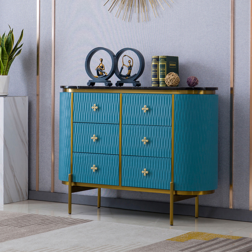 

47" Modern Black & Blue Dresser Faux Marble Top Cabinet with 6 Drawers in Gold