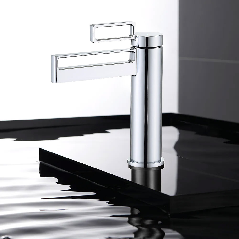 Polished Chrome Single Lever Handle Monobloc Bathroom Tap Solid Brass Hollow Out