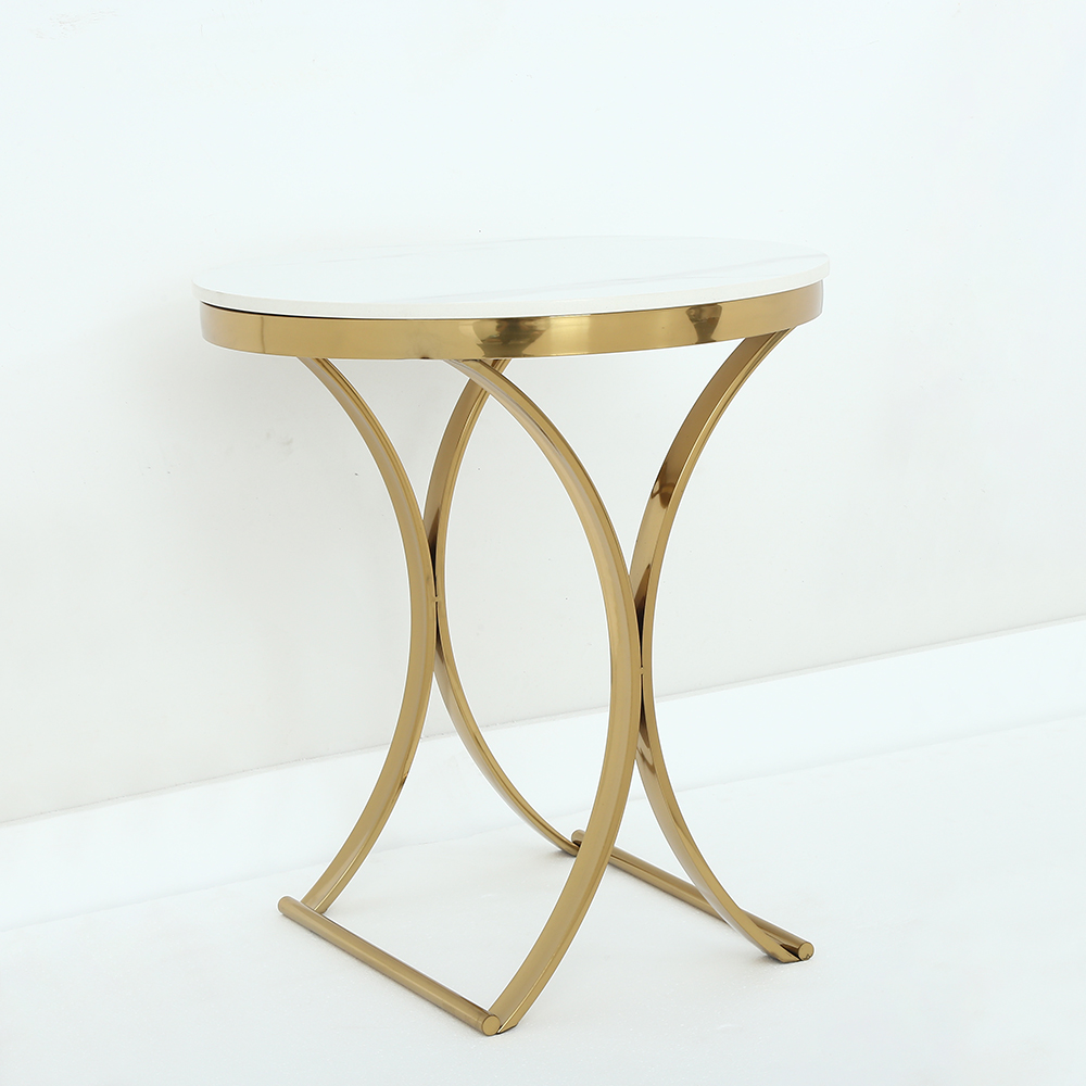 Mesa auxiliar redonda de piedra blanca moderna y lujosa mesa auxiliar con base X en oro