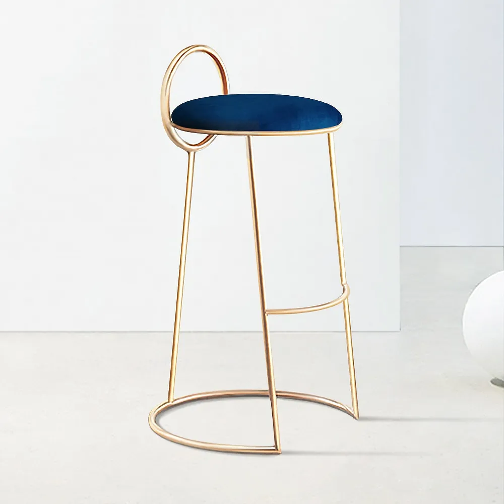 Image of Modern Blue Velvet Counter Height Bar Stool with Low Back and Gold Legs