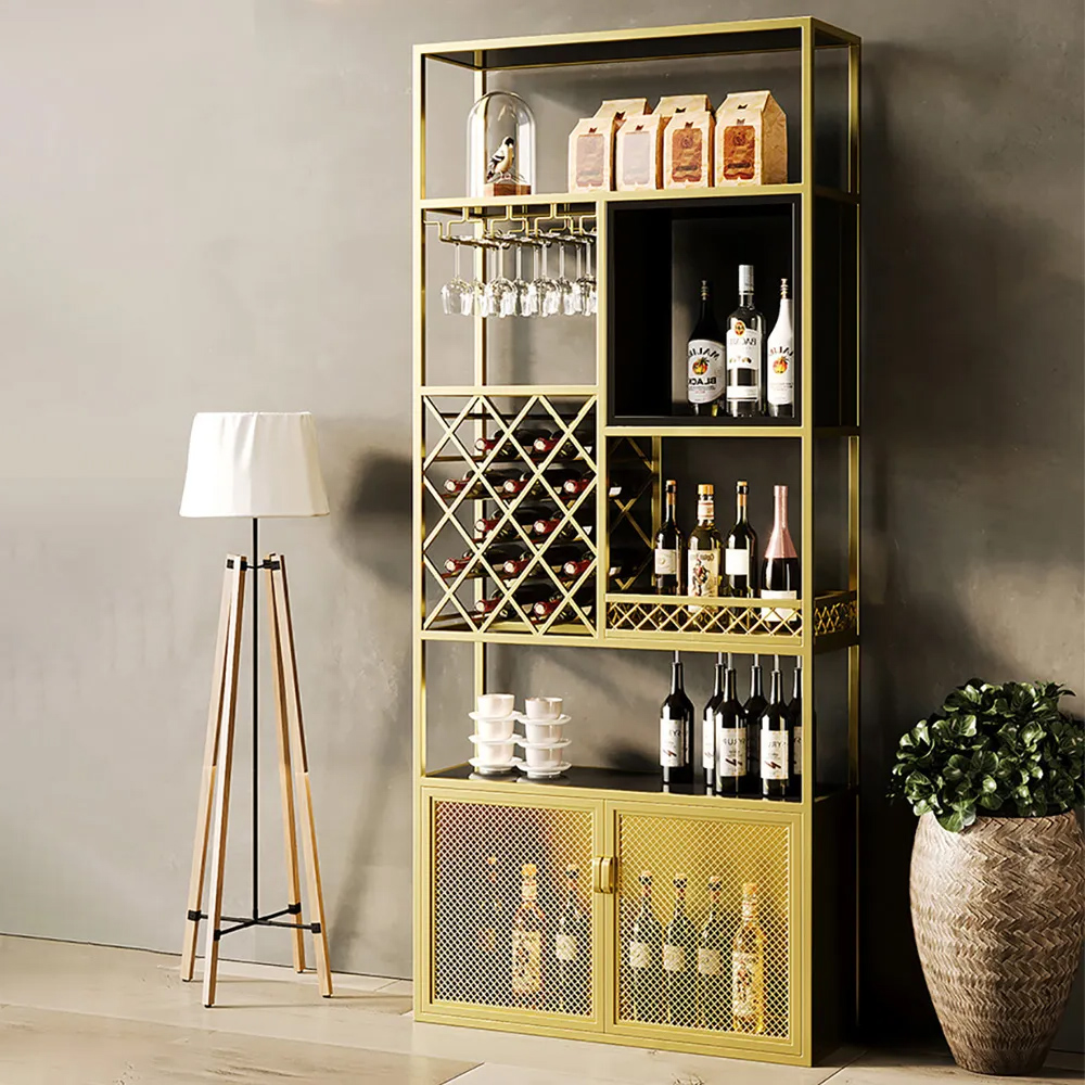 Industrial Gold 5-Tier Metal Wine Baker Rack with Glass Holder and 12 Bottles