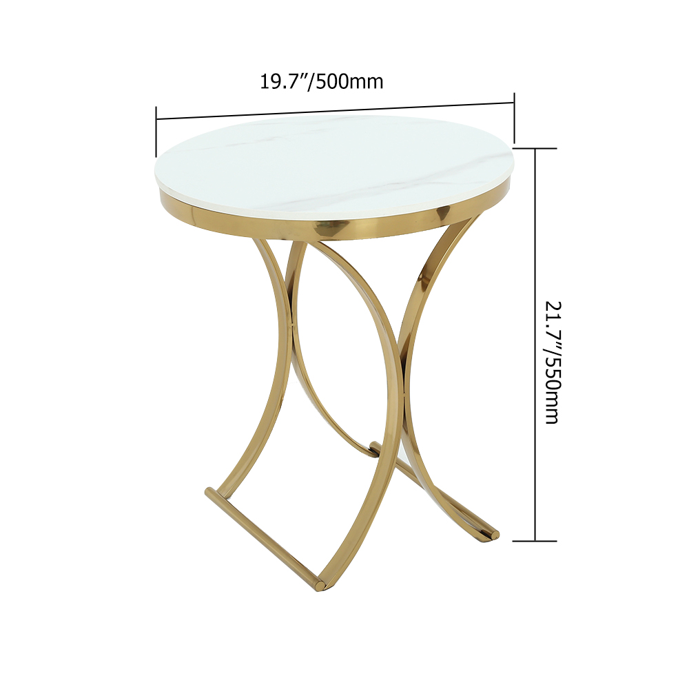 Modern Luxurious Round White Stone Side Table X-Base End Table in Gold