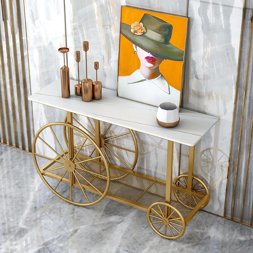 

White 2-Tiered Console Table with Stone Top & Decor Trolley Wheel
