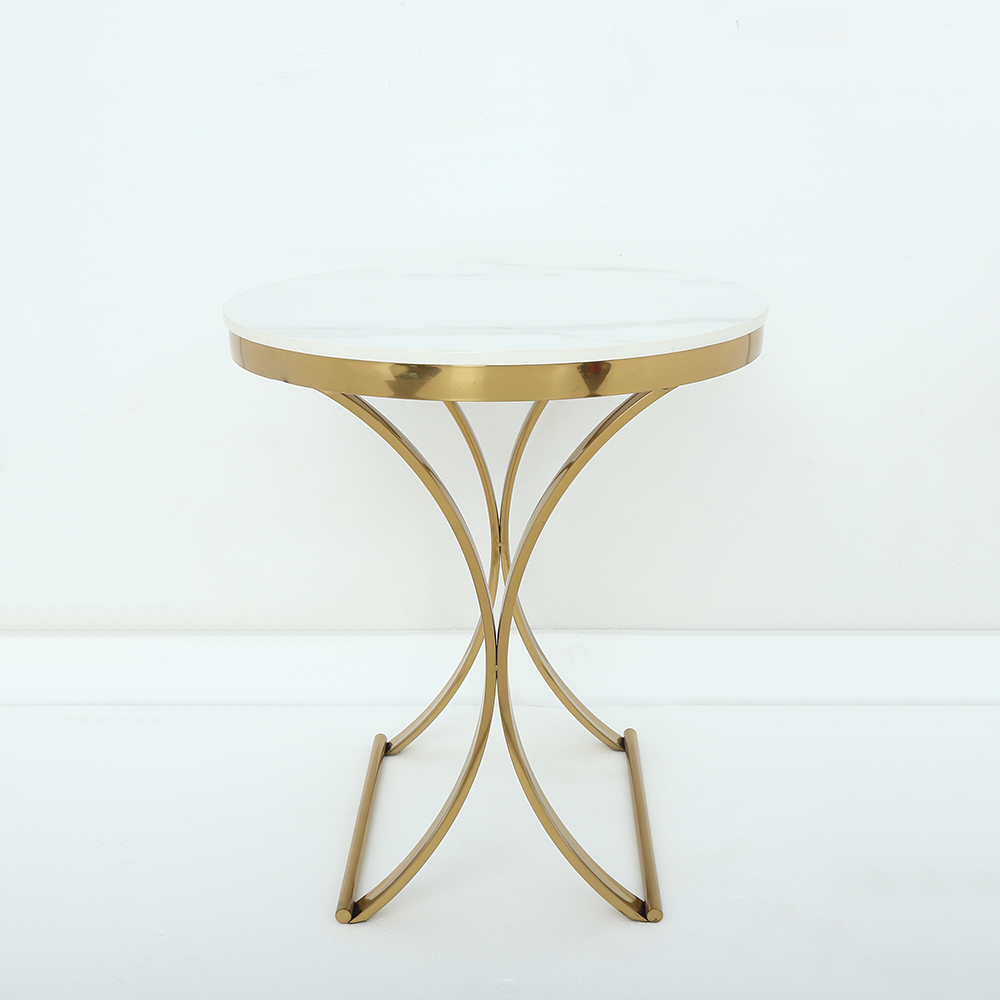 Mesa auxiliar redonda de piedra blanca moderna y lujosa mesa auxiliar con base X en oro