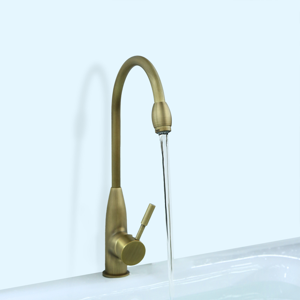 Stev Classic Antique Brass Goosenecked Single Handle 1-Hole Kitchen Faucet Solid Brass