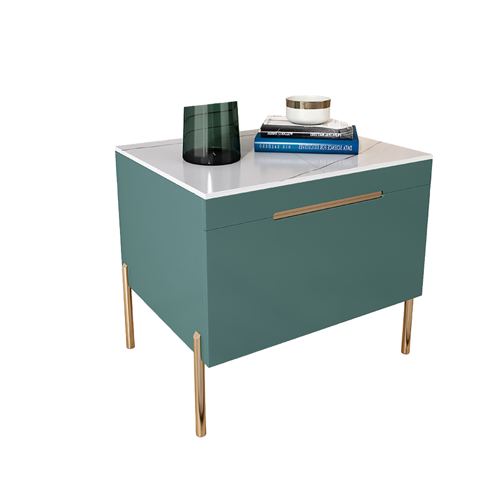 Modern Green Nightstand Luxury Stone Top Lacquered 1-Drawer Bedside Table
