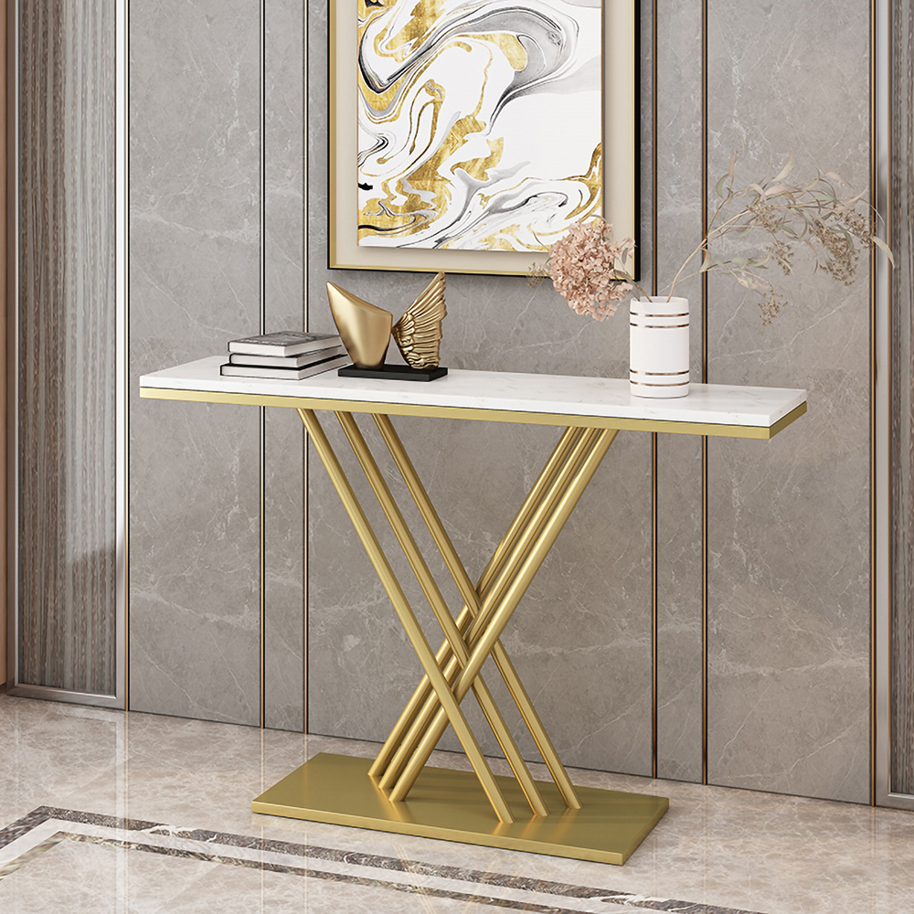 

31.5" Narrow Rectangular Console Table with Marble Top in White