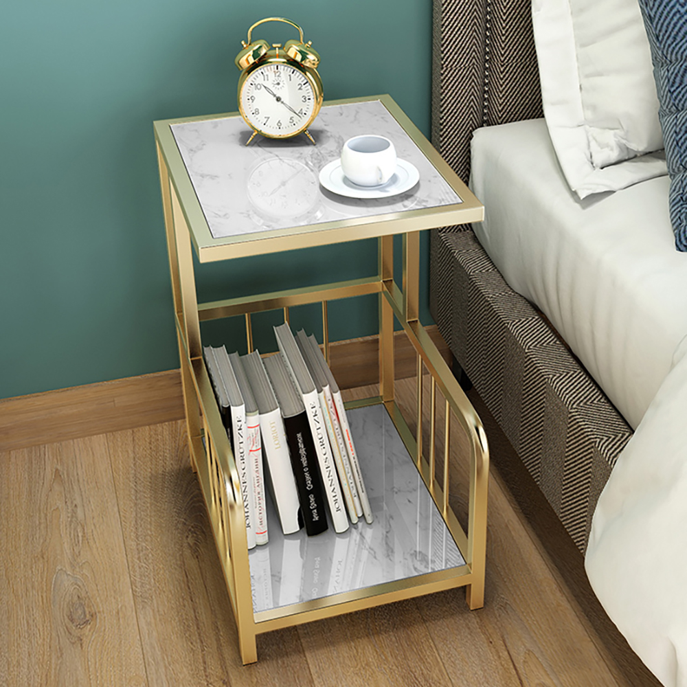 

Modern Marble End Table with Storage in White Narrow Side Table