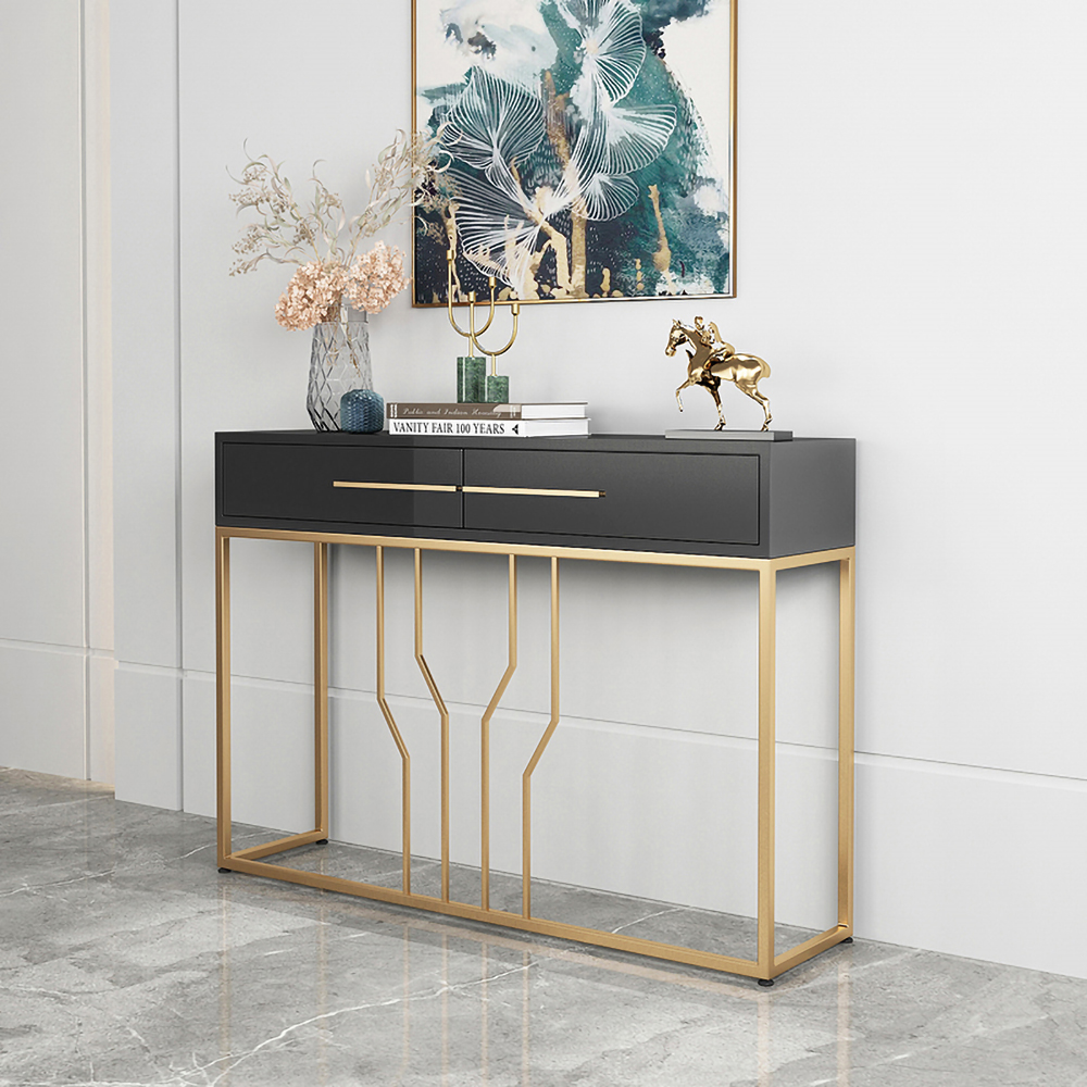 

Narrow Console Table with Drawers Wood Top in Black