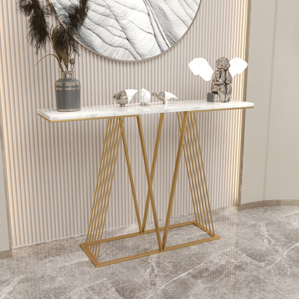 Modern White Narrow Console Table with Marble Top