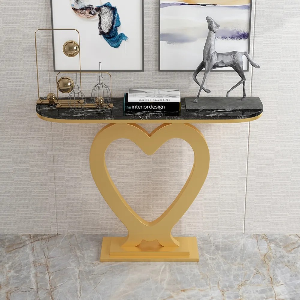 47.2" Black Console Table With Marble Top & Metal Heart Base