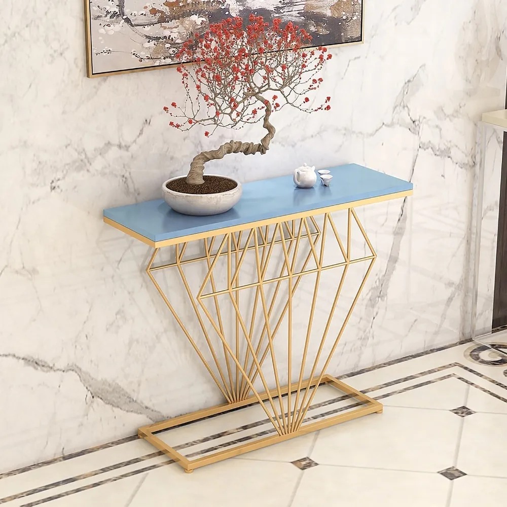 

Blue Narrow Console Table Rectangular Entryway Table with Gold Base