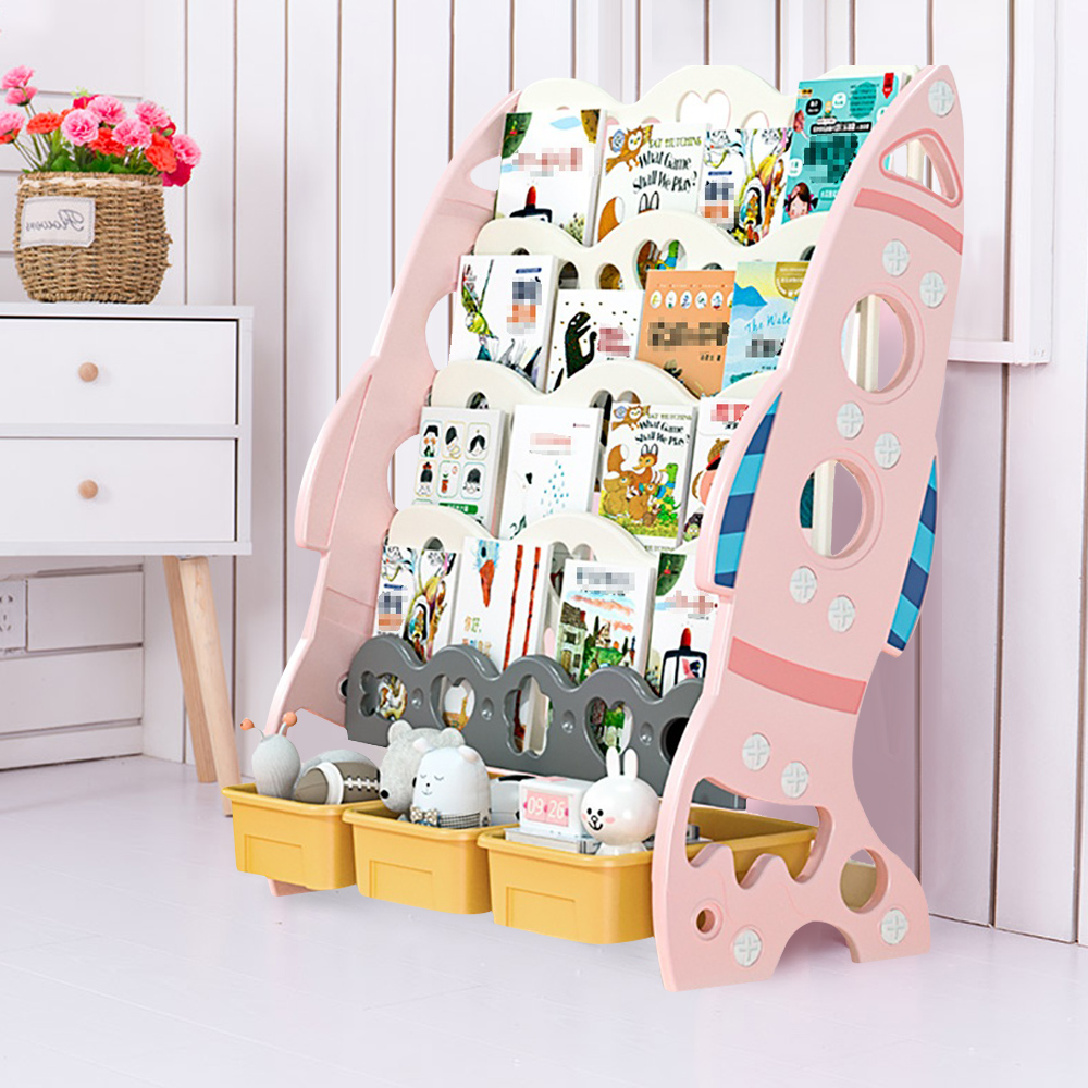 

Pink Cute Rocket Kids' Standing Bookcase with Toy Organizer Basket