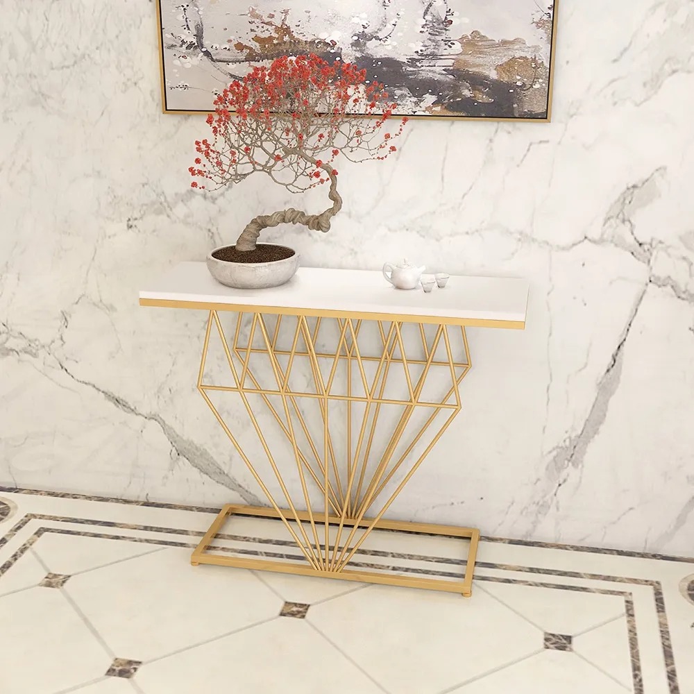 

White Narrow Console Table Rectangular Entryway Table with Gold Base
